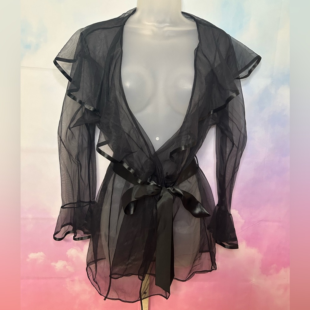 Black sheer ruffle robe w ribbon tie & bell sleeves. Large Cinema Etoile